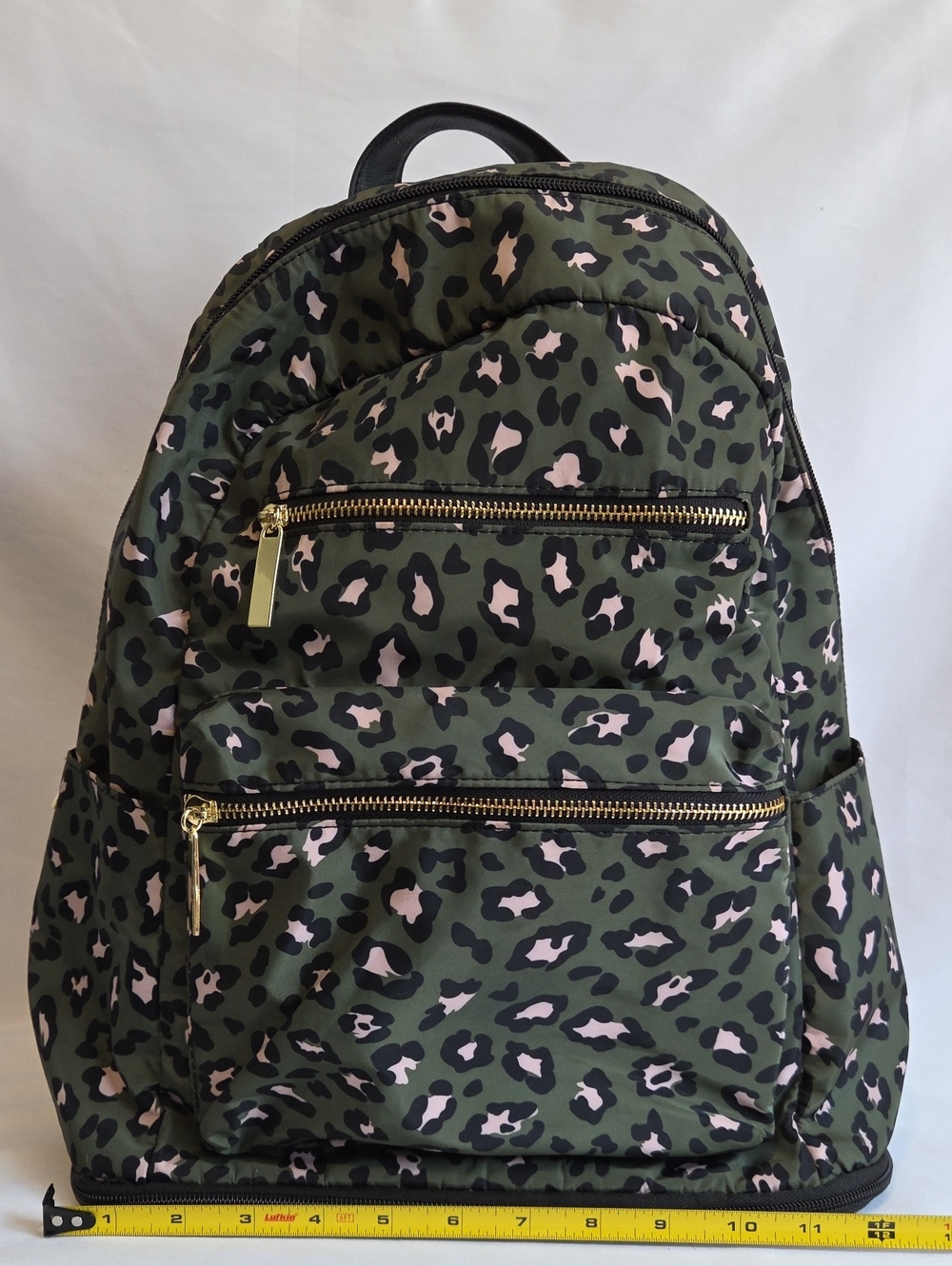 Olive Green Leopard Print Backpack with Pink Accents